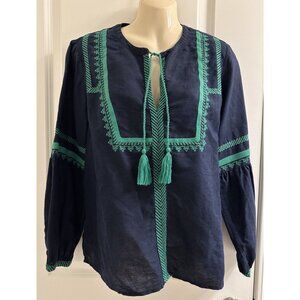 J. Crew Women’s Embroidered Boho Linen & Cotton Navy & Green Top Blouse Size‎ 10